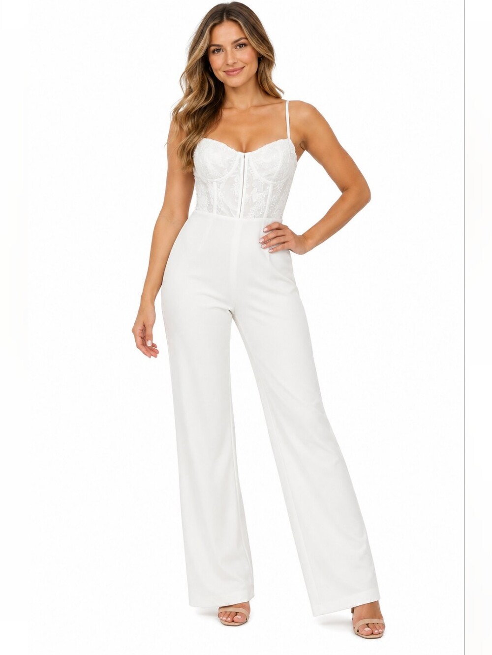 Lulu's White Lace Bustier Wide-Leg Jumpsuit Women's Size M